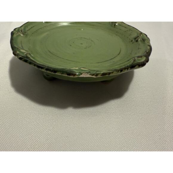 Ceramic Green Planter Round w/ decorative footed plate, French Country, Shabby - Picture 9 of 10